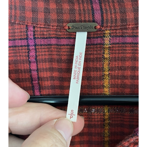 Free People XS Plaid Button Down Shirt Western Boho Grunge Top Gauzy Cotton - Picture 3 of 10